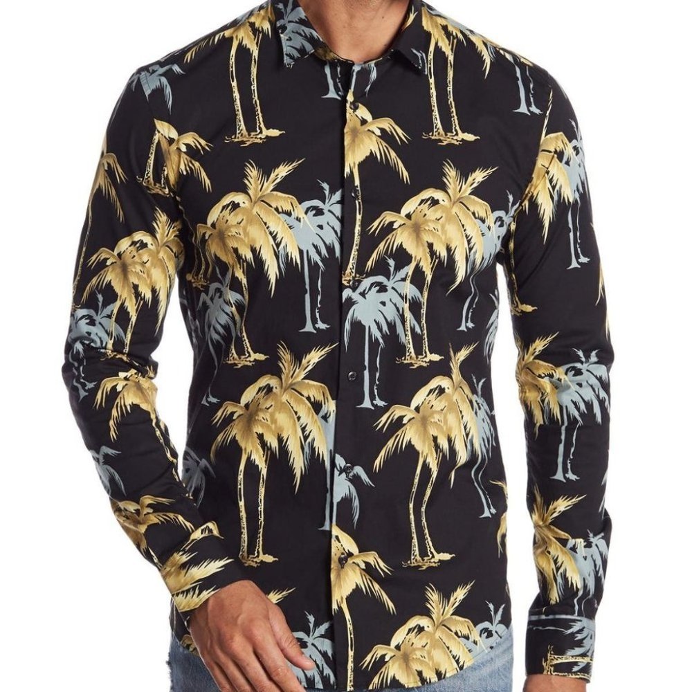 NWT Scotch & Soda Palm Tree Hawaiian Tiki Black Button Down